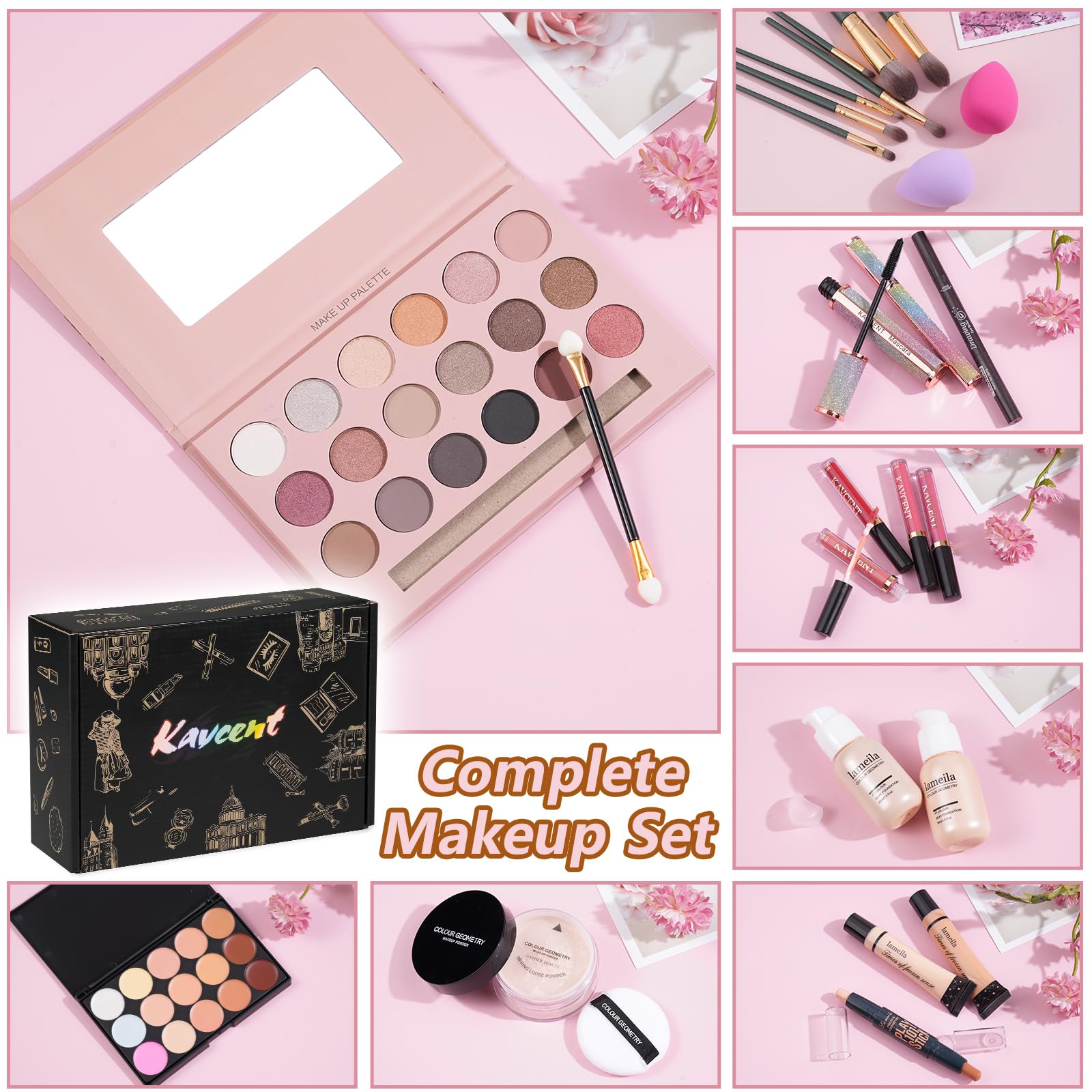 KAVCENT makeup kit full set packaging highlighting sleek, organized beauty tool kit.