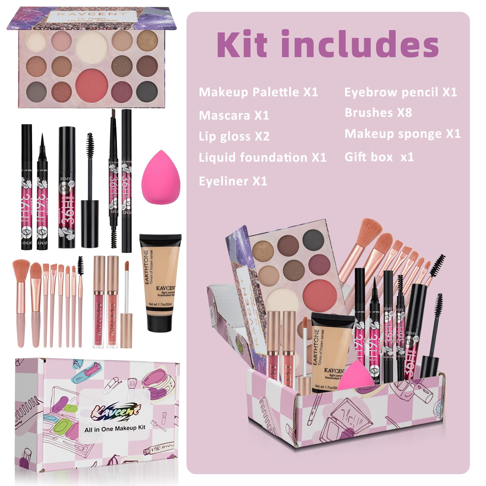 KAVCENT makeup kit lip gloss packaging highlights glossy finish and wearable shade options