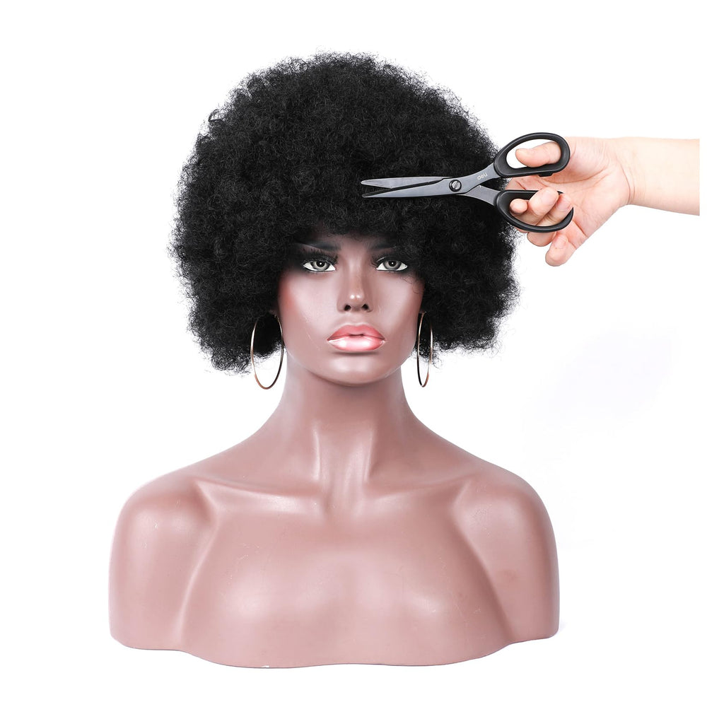 Kavsni Afro Curly Wig 1B black color evokes retro 70s vibe with easy styling.