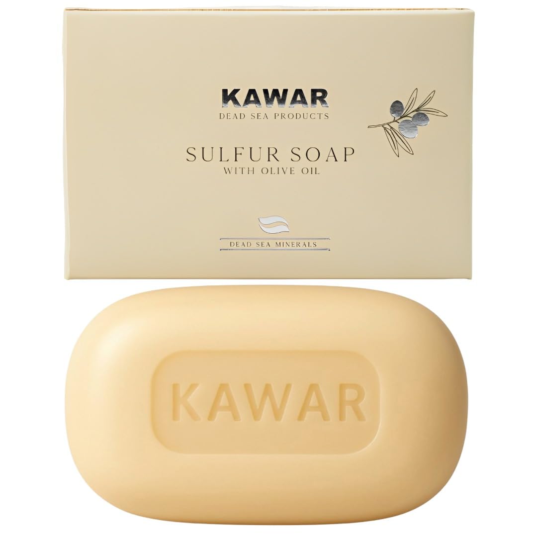 Kawar Dead Sea Sulfur Soap bar with olive oil for clearer-looking skin potential.