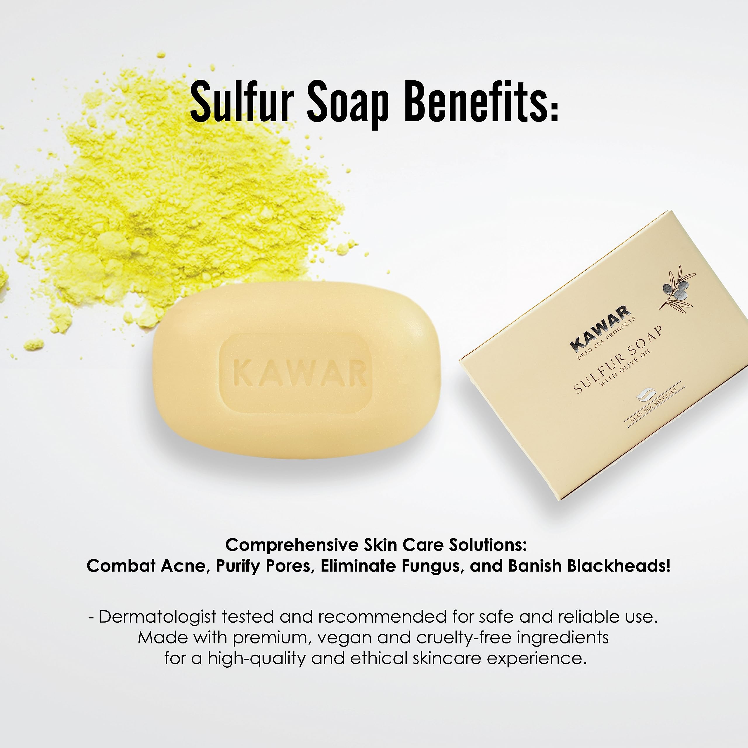 Kawar Dead Sea Sulfur Soap ingredients label, highlighting mineral-rich formulation supporting skin health.