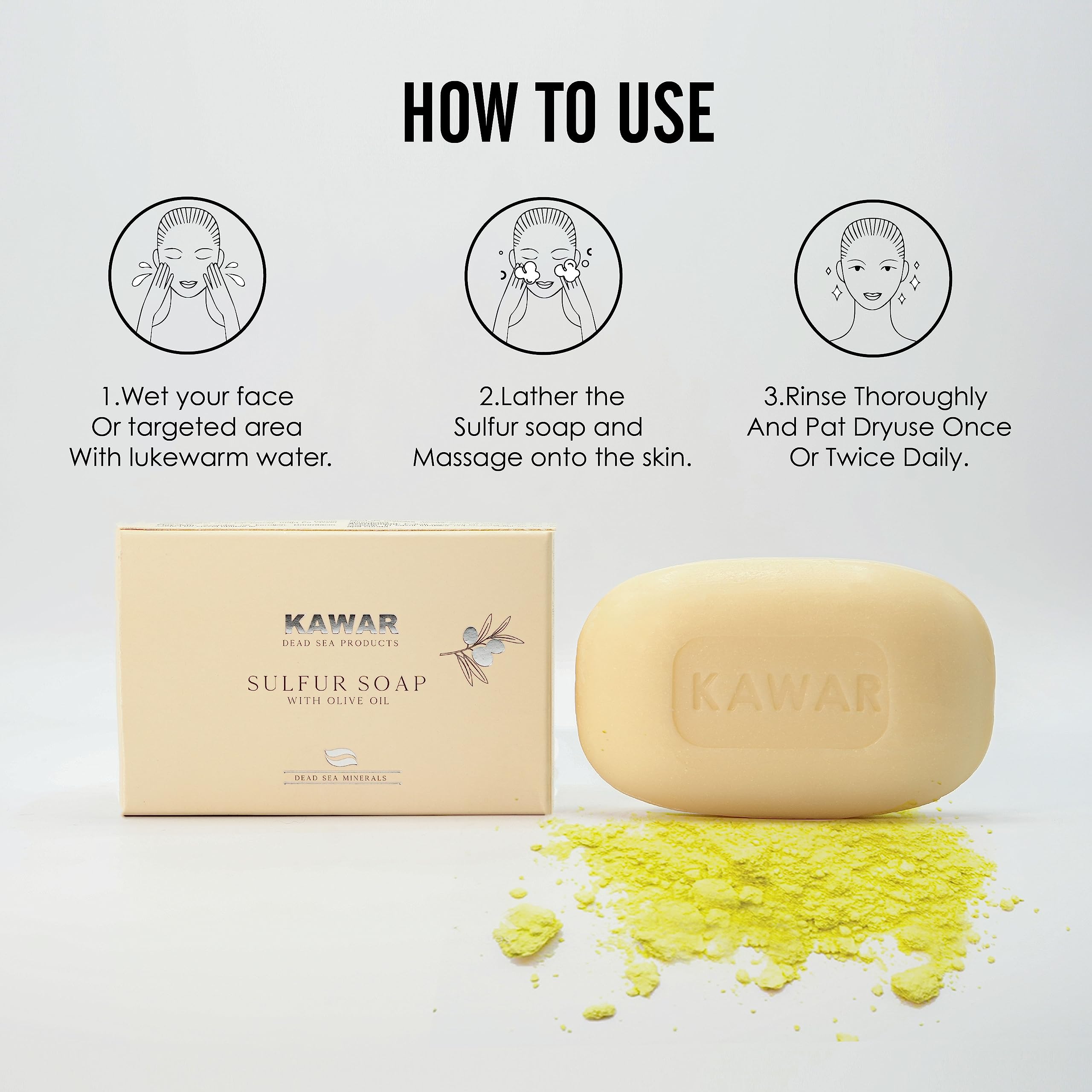 Kawar Dead Sea Sulfur Soap olive oil splash, rich lather for daily detox cleansing.