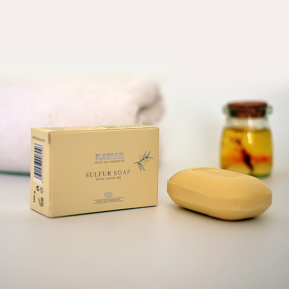Kawar Dead Sea Sulfur Soap vegan packaging, fragrance-free formula for sensitive skin routines.