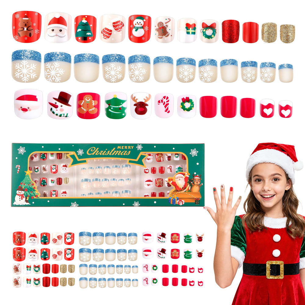 Kawyehu Kids Christmas press-on nails packaging—ready-to-use holiday set for quick nail art.