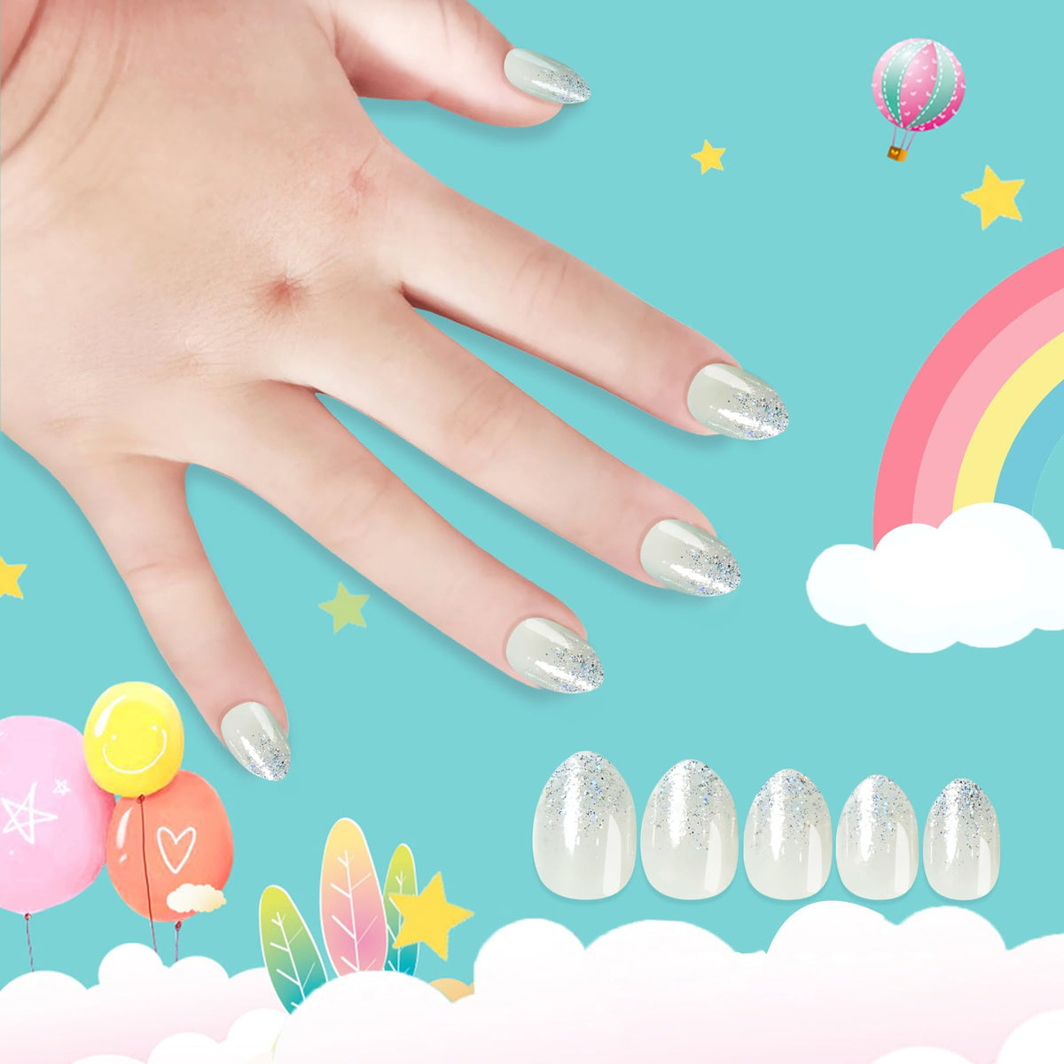 Kawyehu Kids almond nails with crystal diamonds for cute sparkle.