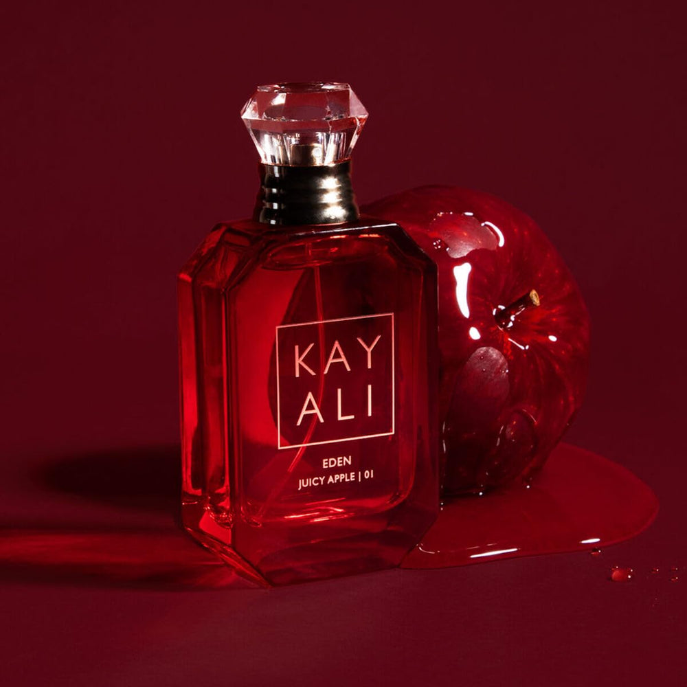 Kayali Eden Juicy Apple bottle angled highlights sleek fragrance bottle for weekend upgrades.