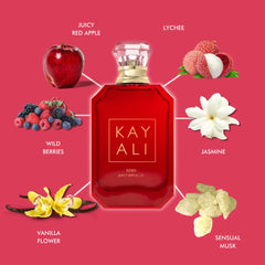 Kayali Eden Juicy Apple bottle close-up highlights crisp apple and berry notes.