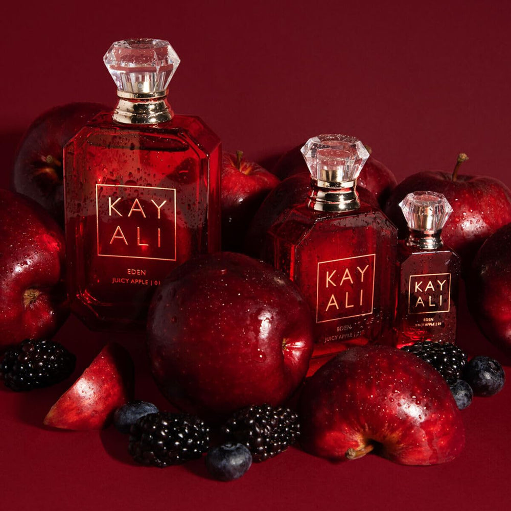 Kayali Eden Juicy Apple bottle on vanity suggests daily wear and confidence boost.