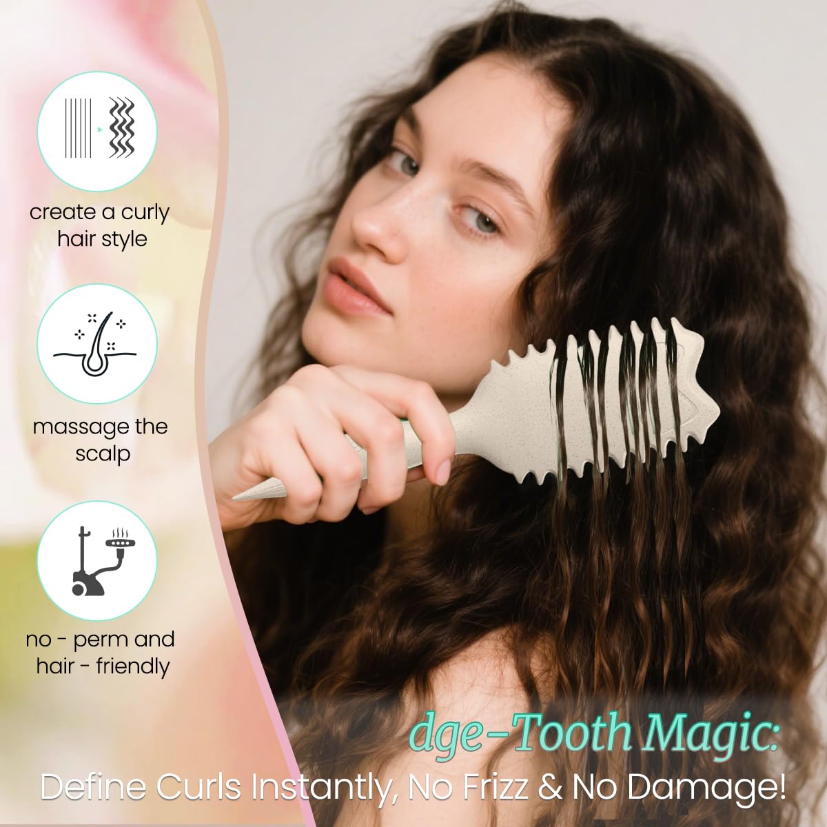 Kazunark brush with staggered teeth for fast detangling and smoother curls.