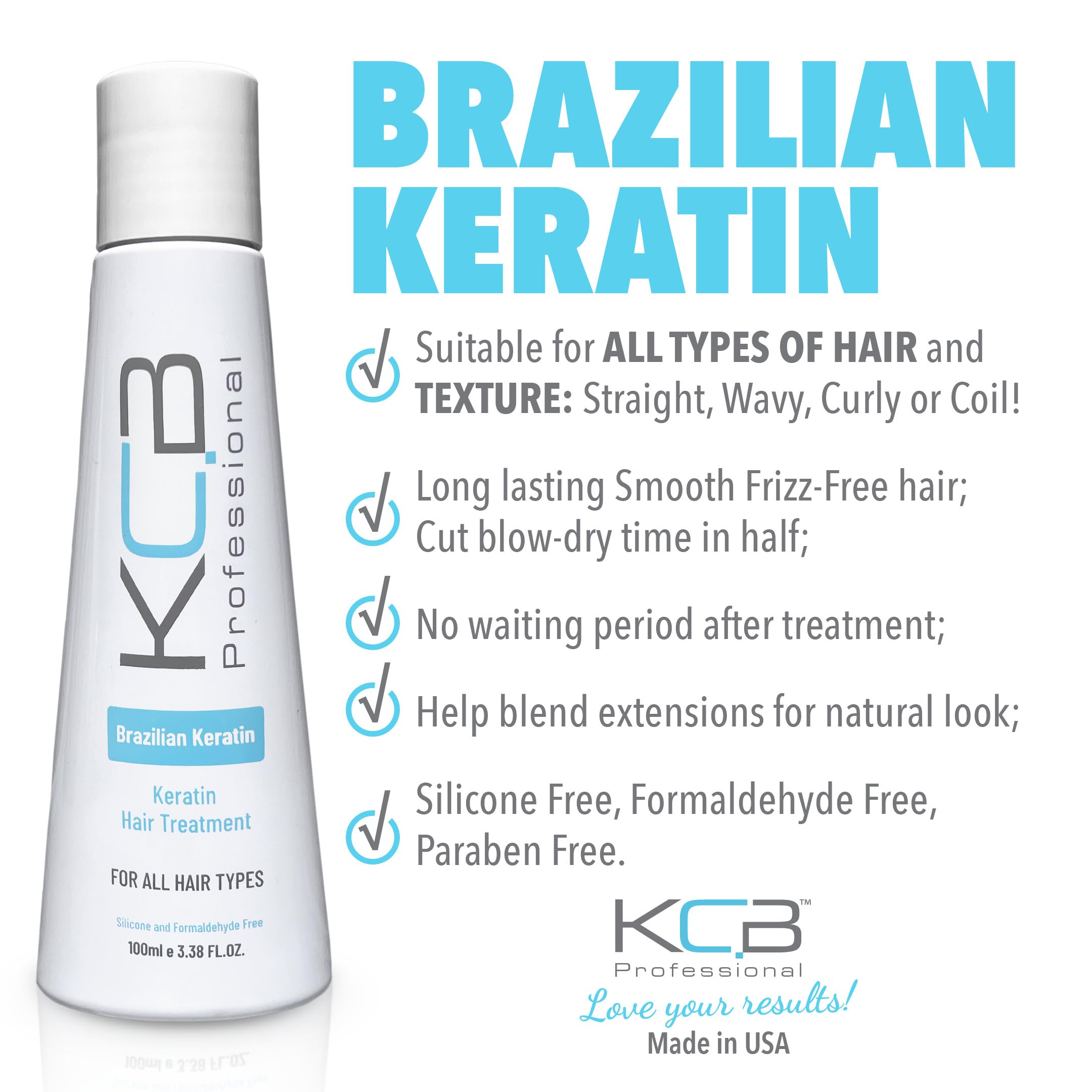 KCB Professional hair before-after shows straight, frizz-free finish.