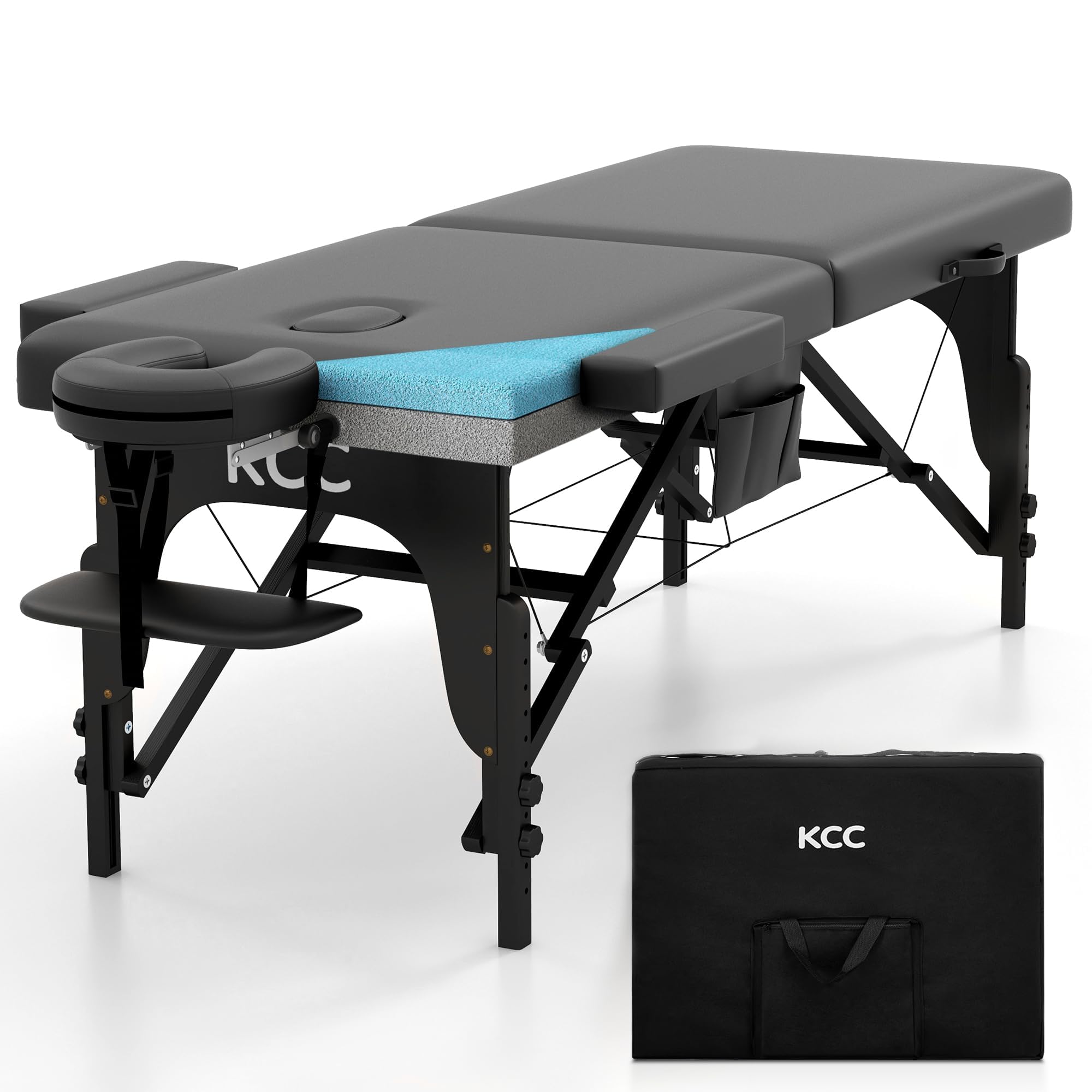 KCC memory foam massage table assembly shows sturdy setup for studios