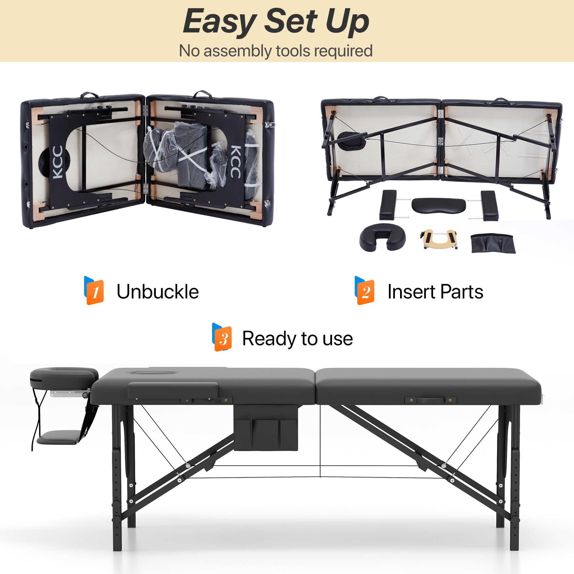 KCC PU leather cover on massage table surface for easy cleaning