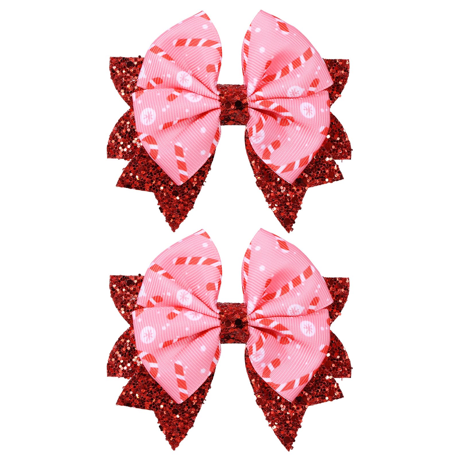 KCHIES Glitter Pink Candy Cane Bow Clip front view adds festive sparkle.