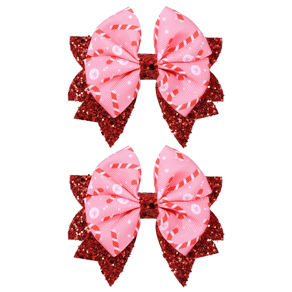 KCHIES Glitter Pink Candy Cane Bow Clip front view adds festive sparkle.