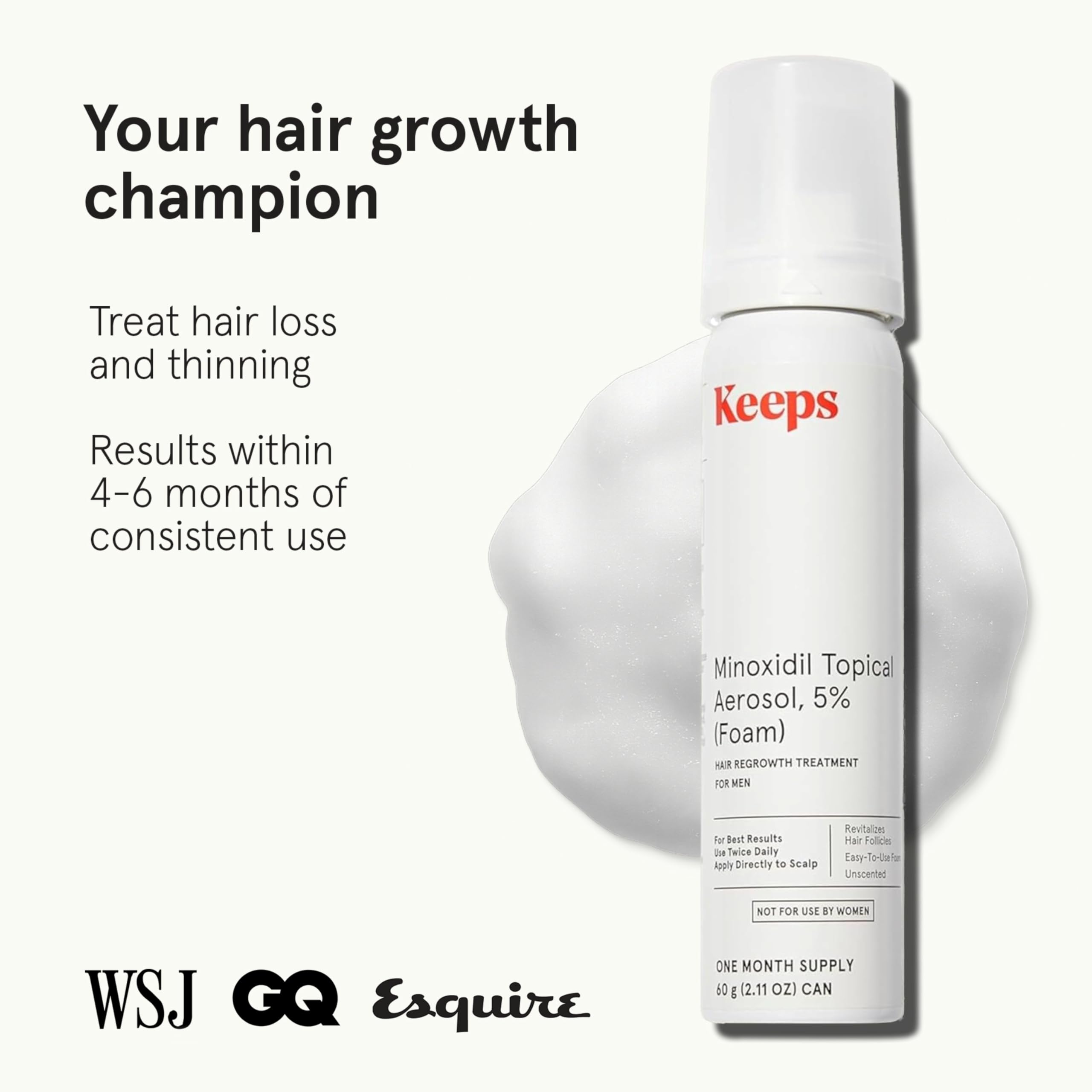 Keeps minoxidil-foam bottle close-up highlights compact 3-month supply.