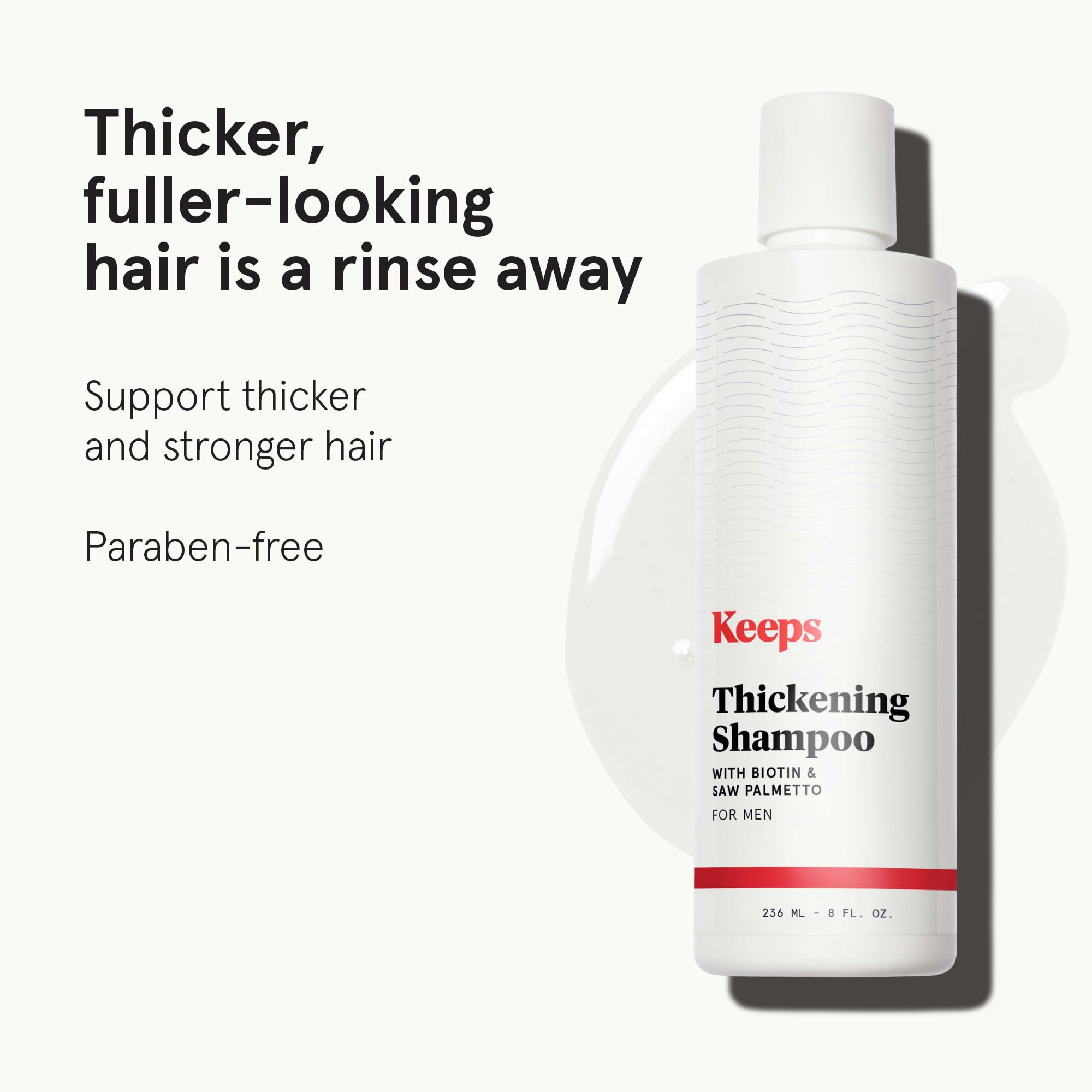 Keeps Thickening Shampoo bottle pouring for daily scalp cleansing.