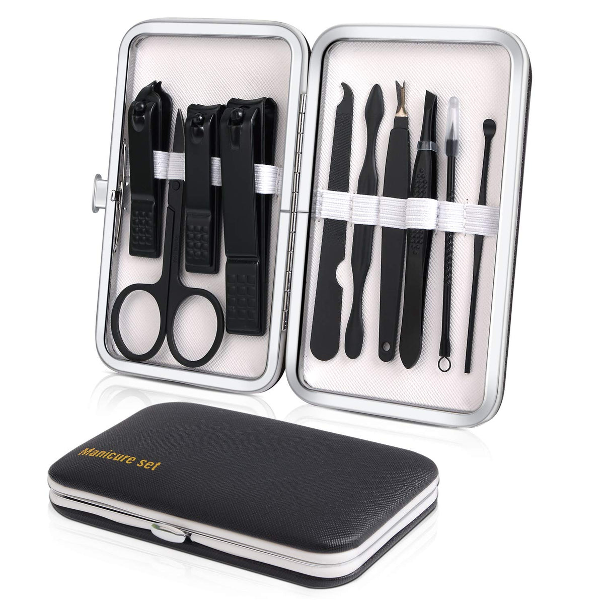 Keiby Citom manicure set with black case open for portable grooming on the go