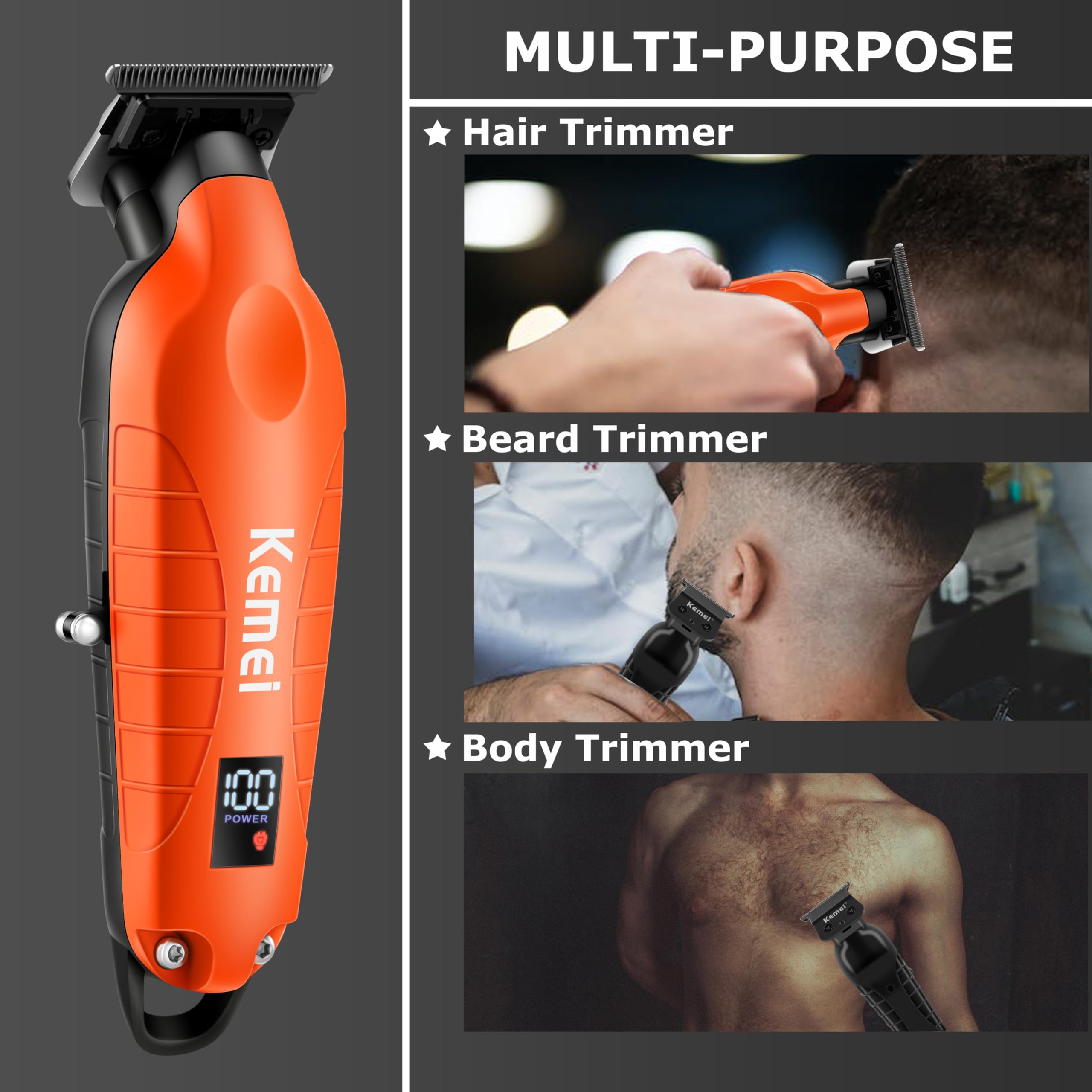 KEMEI 2293 orange 3 guards offer adjustable trimming lengths for precise results.