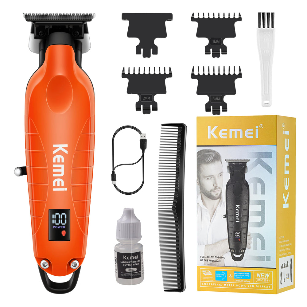 KEMEI 2293 orange trimmer close-up blade enables precise zero-gap trimming for clean edges.