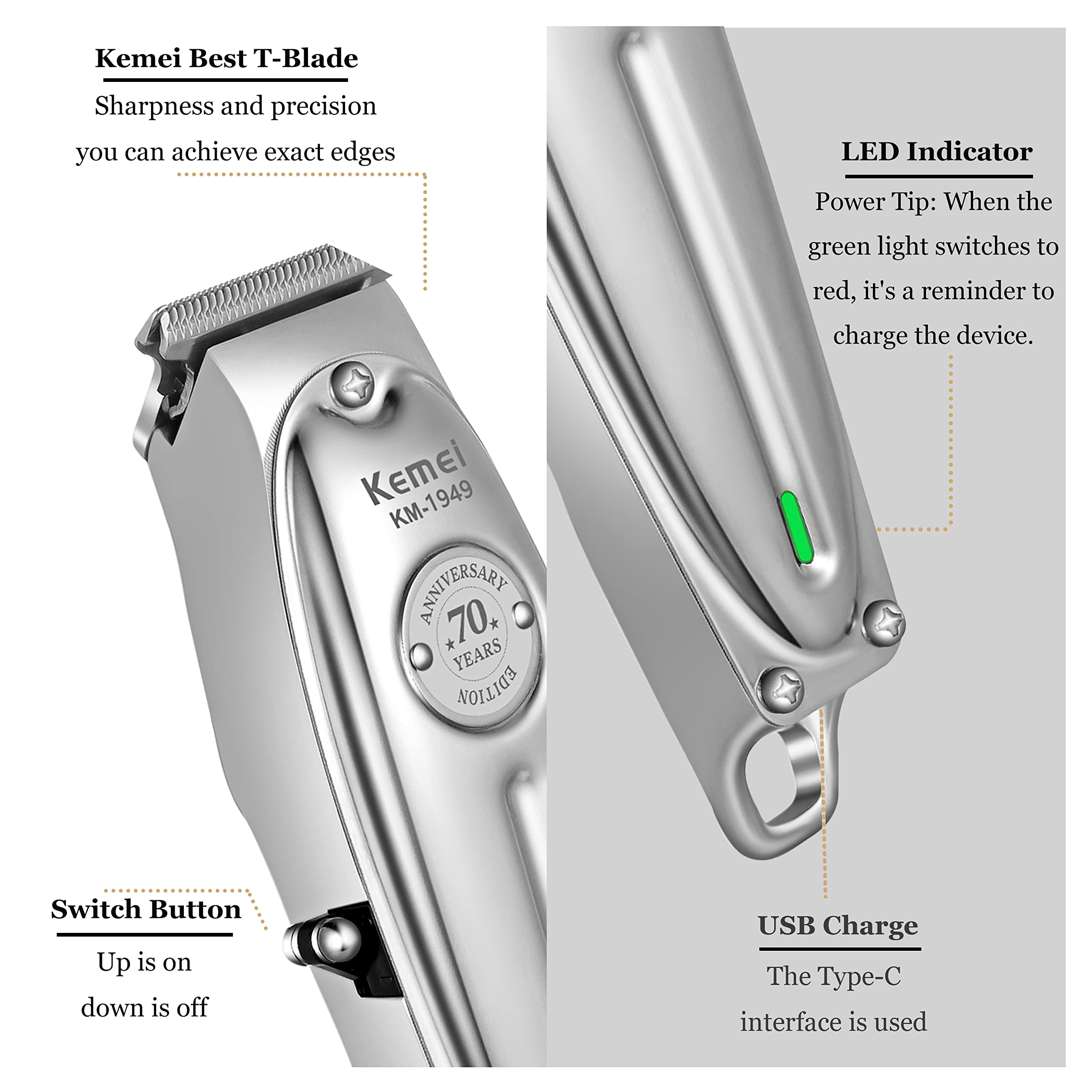 Kemei KM1949 cordless design demonstrates flexible cordless or corded use.