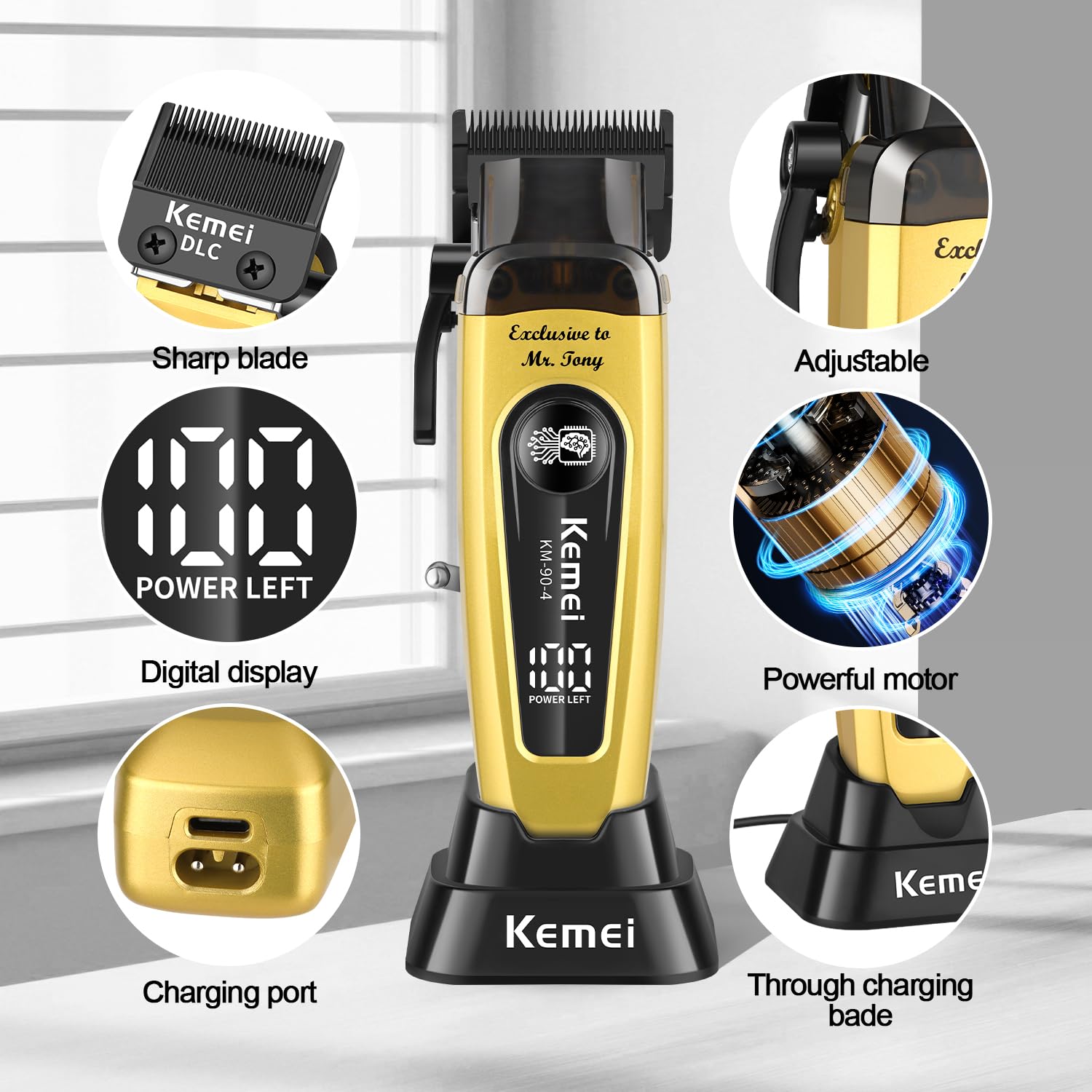 KEMEI KM-90-4 Pro blade closeup showcases durable DLC blade for precise, smooth trims.