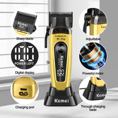 KEMEI KM-90-4 Pro blade closeup showcases durable DLC blade for precise, smooth trims.