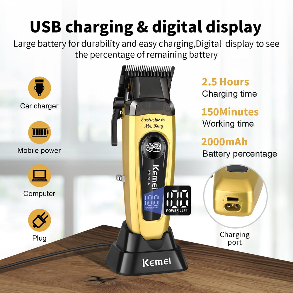 KEMEI KM-90-4 Pro cordless charging-base scene emphasizes flexible charging options.