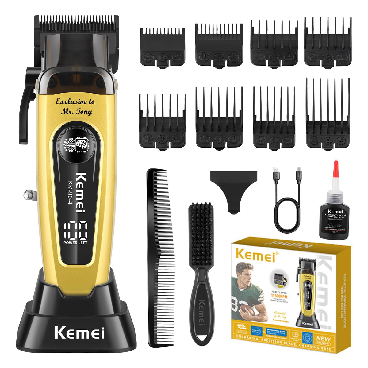 KEMEI KM-90-4 Pro front view highlights ergonomic grip for comfortable styling sessions.