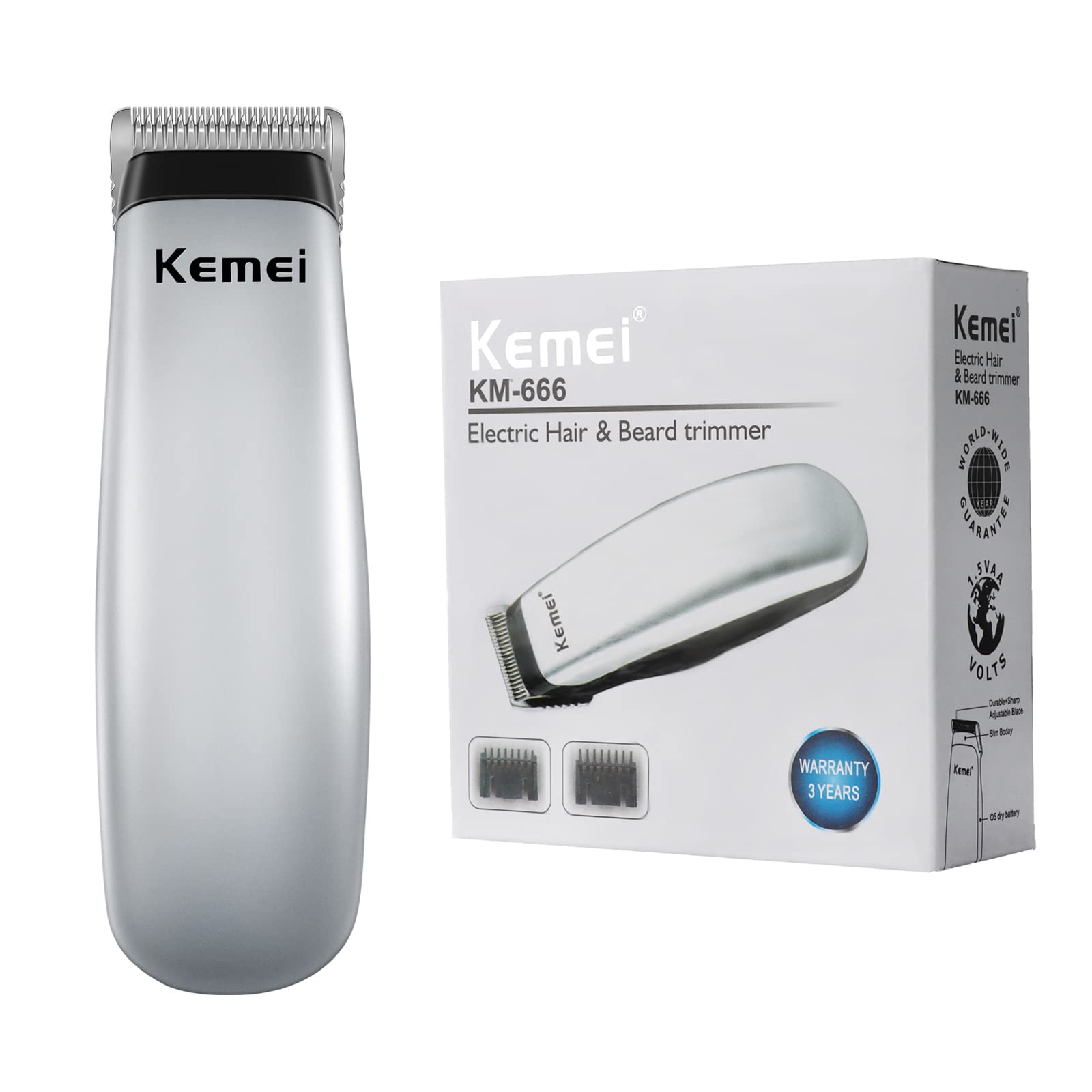 KEMEI Secure-Fit guide combs attach securely for smooth trimming.