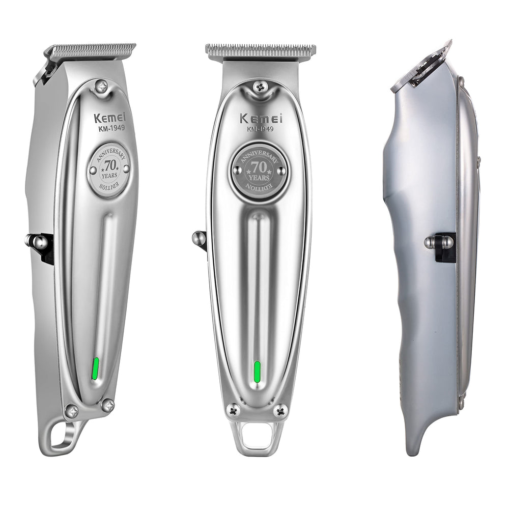 Kemei pro-trimmer T-blade detail emphasizes precision for versatile styling.