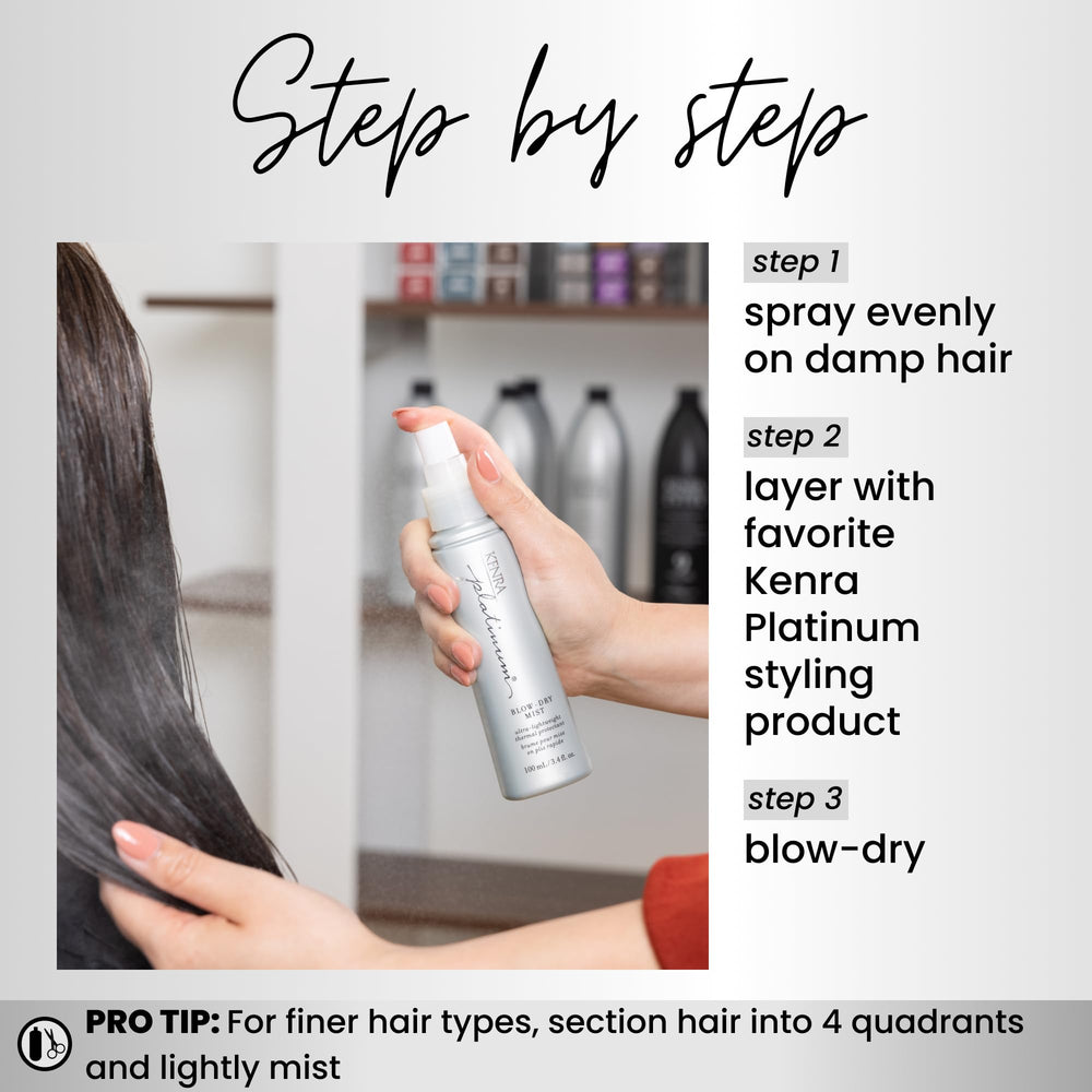 Kenra Platinum Blow-Dry Mist hands-application demonstrates easy detangling and smoothing