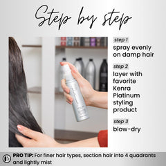 Kenra Platinum Blow-Dry Mist hands-application demonstrates easy detangling and smoothing