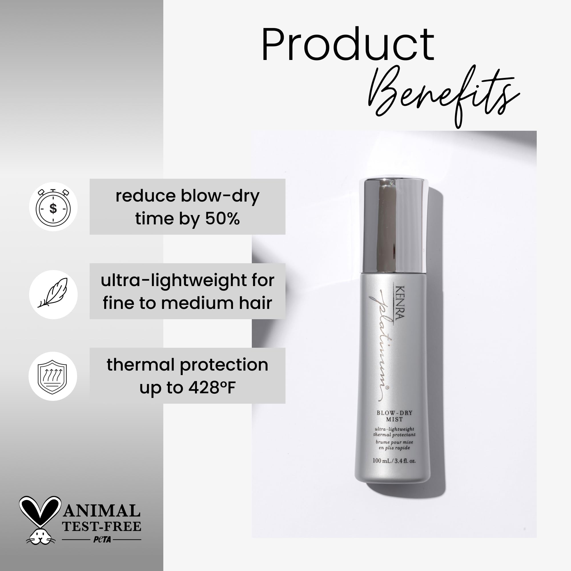 Kenra Platinum Blow-Dry Mist top-label close-up showing heat protection feature