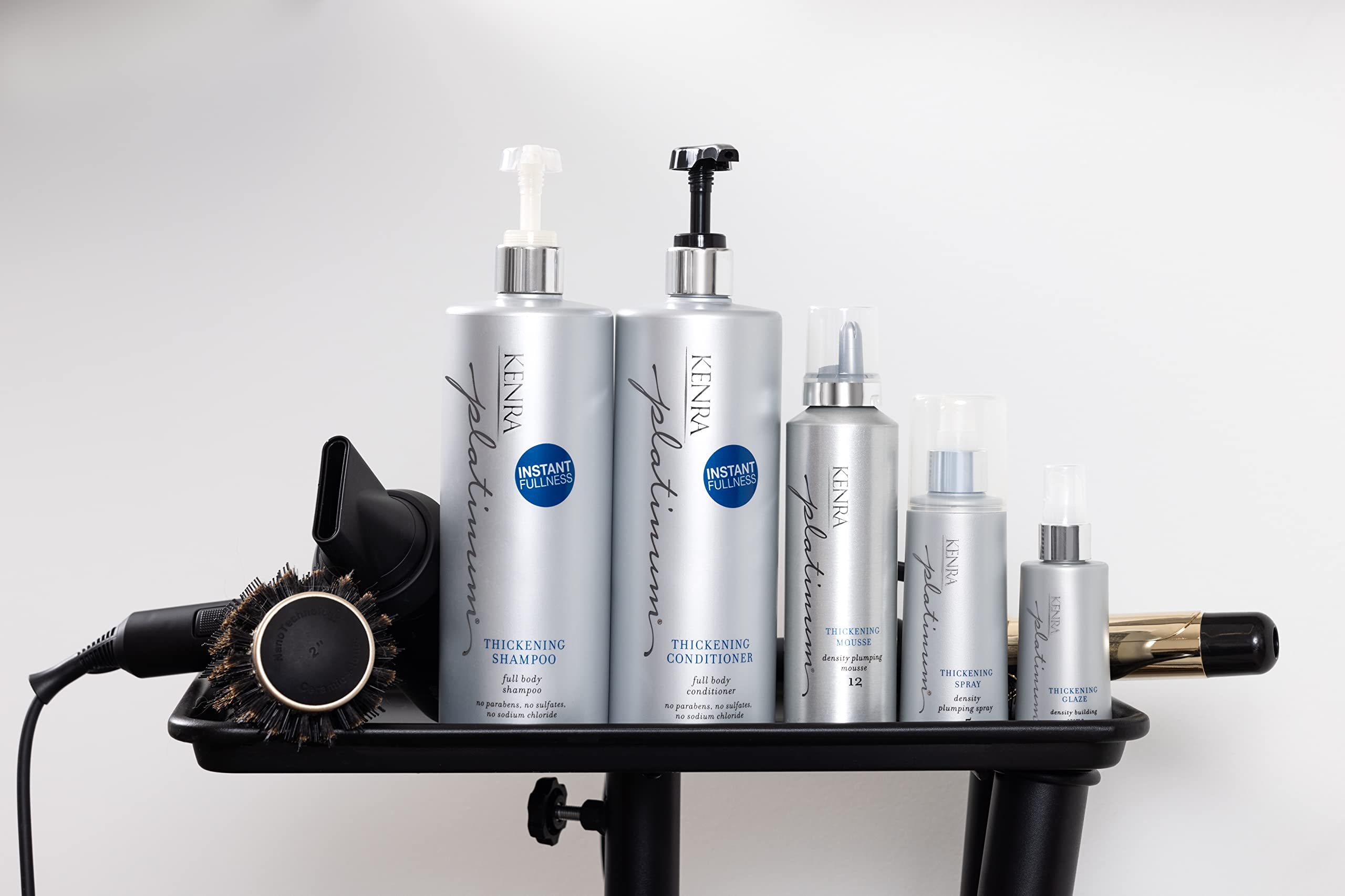 Kenra Platinum bottle with wet hair demonstrates easy, quick styling prep for body.