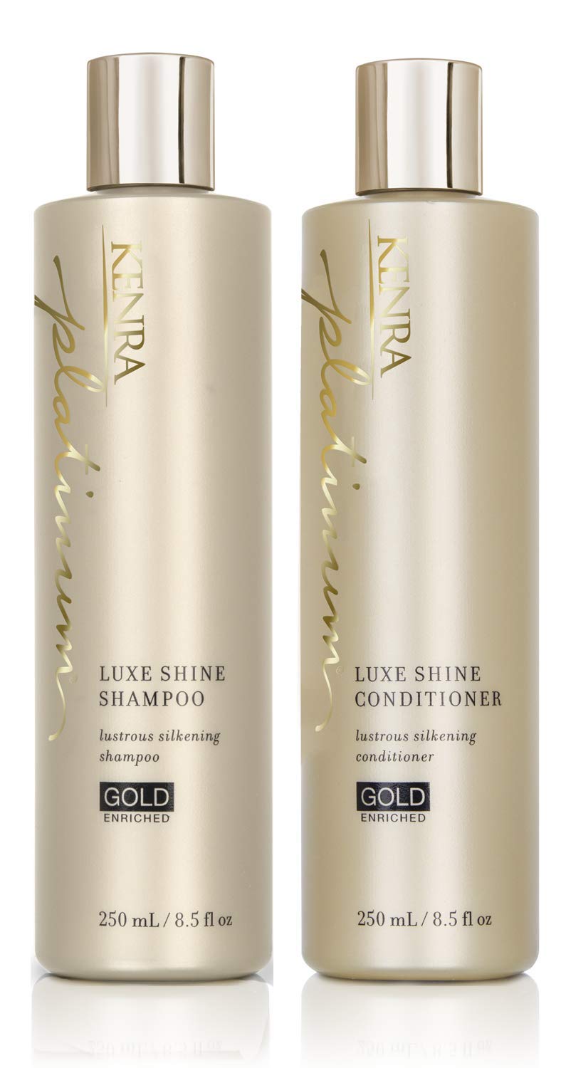 Kenra Platinum Luxe Shine Shampoo bottle showing daily cleansing for silky, radiant strands.