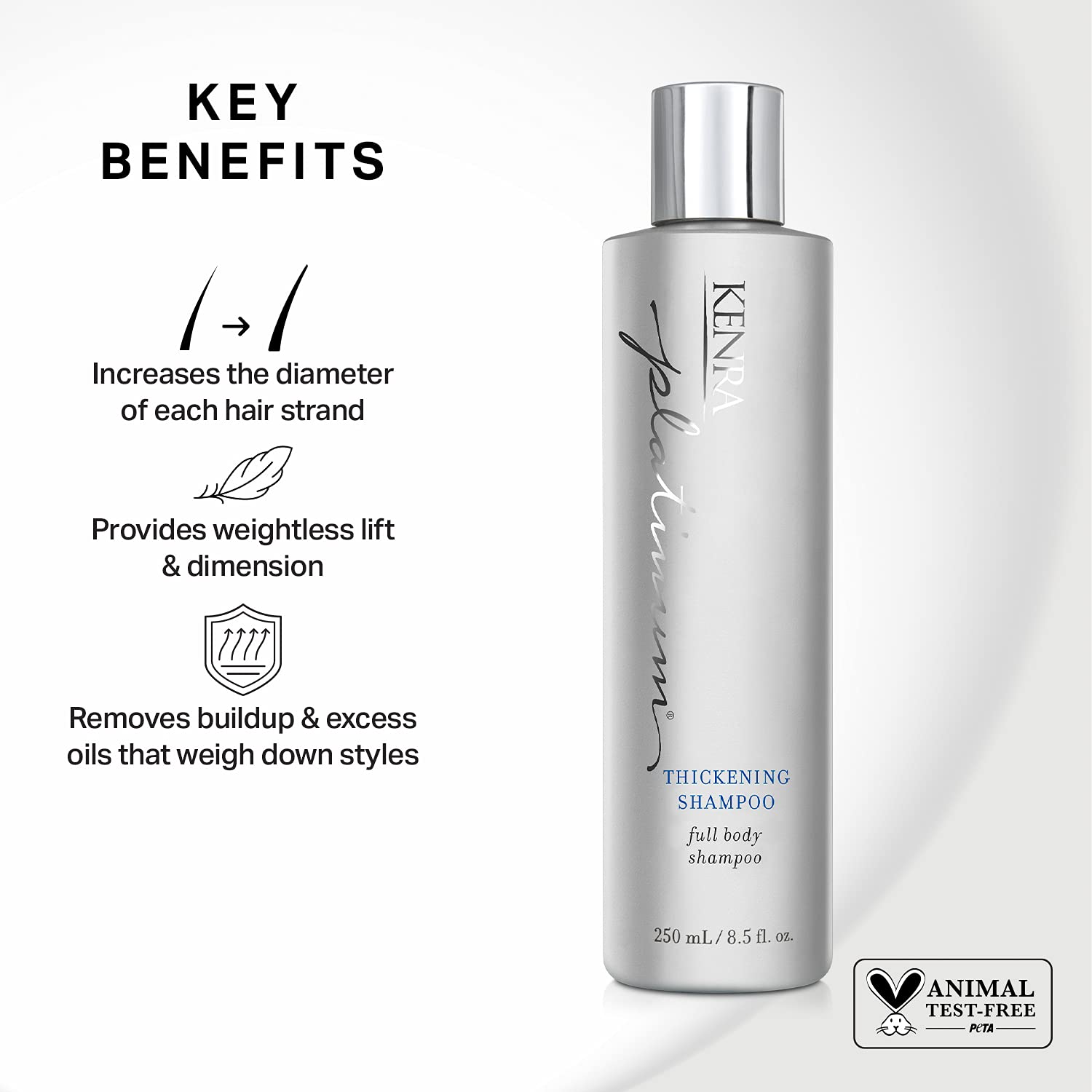 Kenra Platinum thickening conditioner bottle delivers fullness while protecting color and shine.
