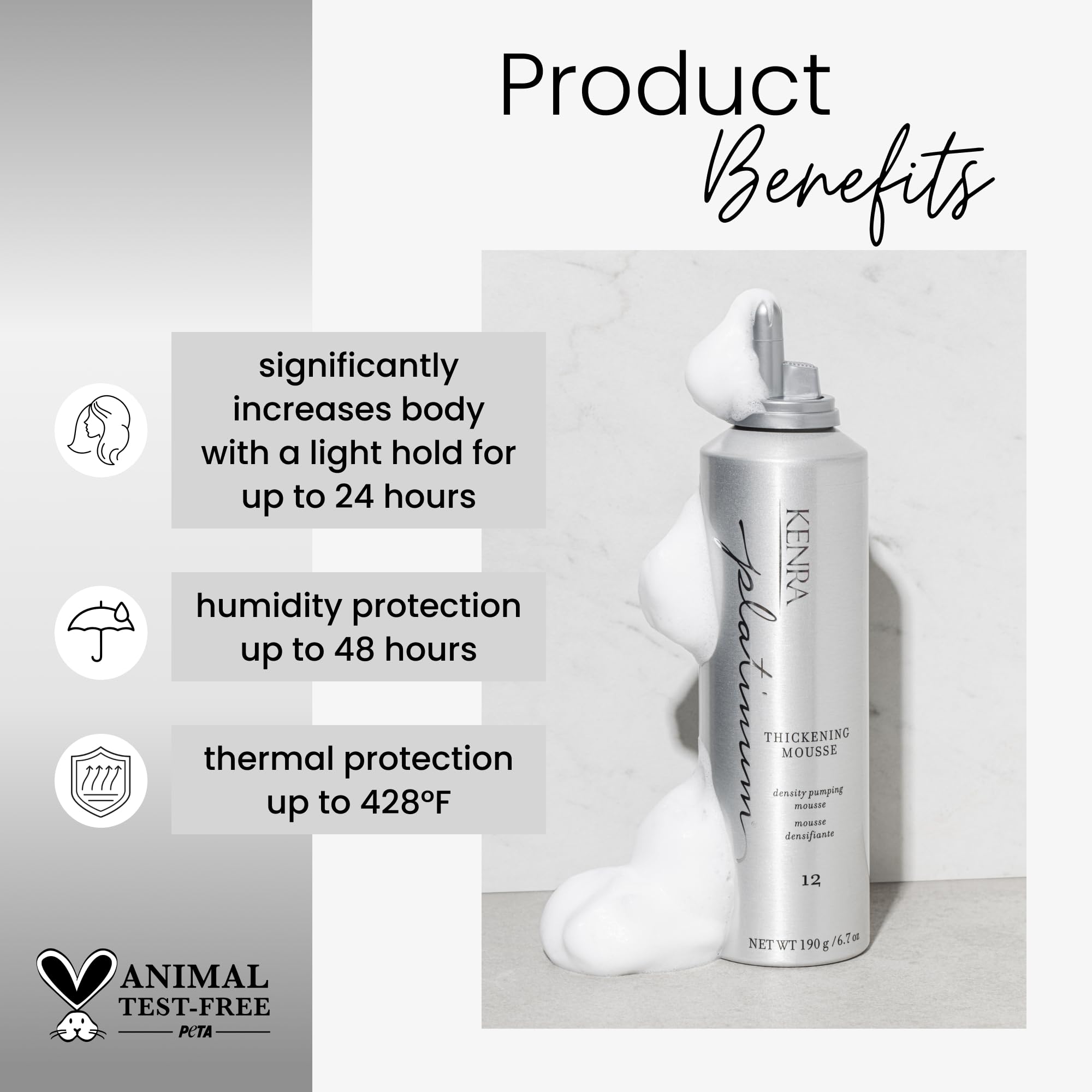 Kenra Platinum Thickening Mousse bottle 6.7 oz shows packaging and easy application