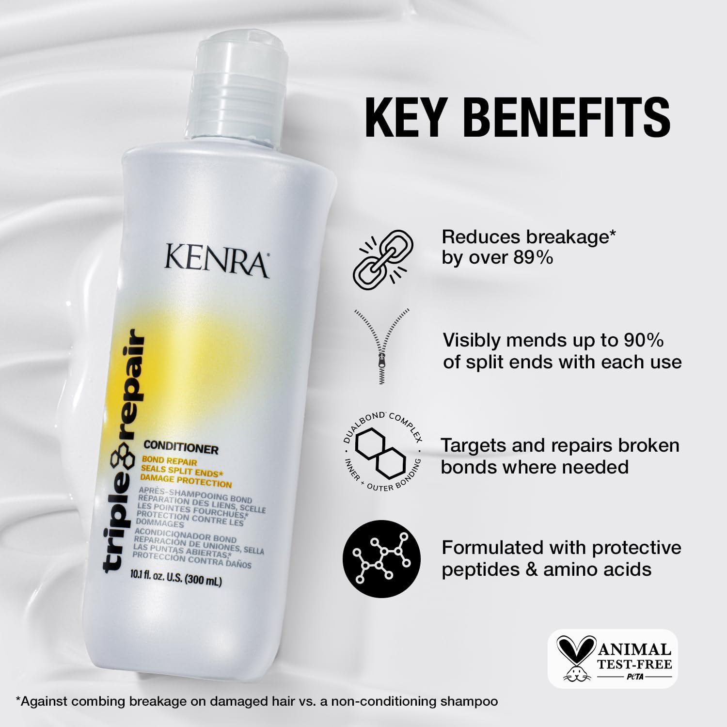 Kenra Triple Repair conditioner close-up emphasizes smoothness and frizz control.
