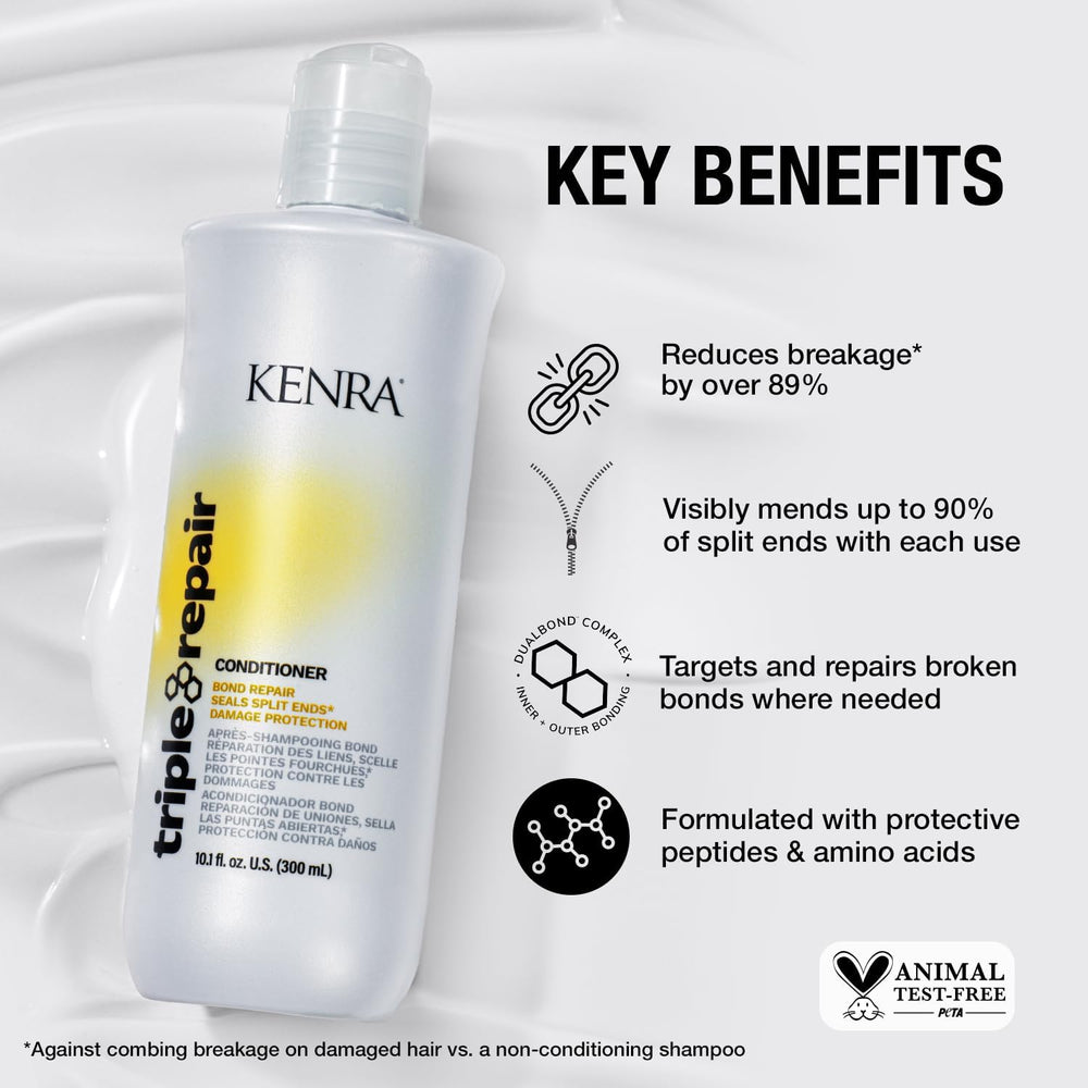 Kenra Triple Repair conditioner close-up emphasizes smoothness and frizz control.
