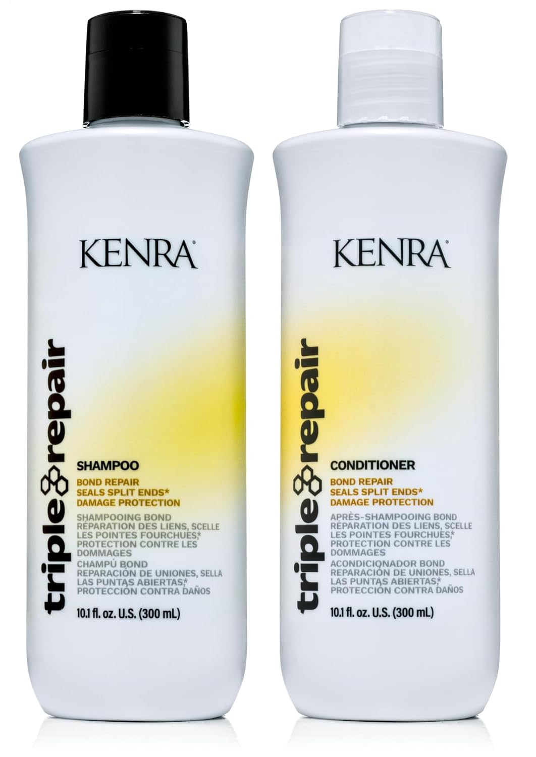 Kenra Triple Repair shampoo bottle demonstrates bond-building action to reduce breakage.