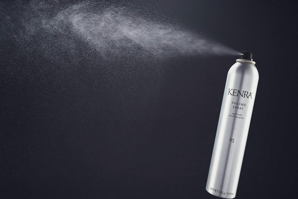 Kenra Volume Spray 25-50% bottle shines with natural-looking finish for glossy styles.