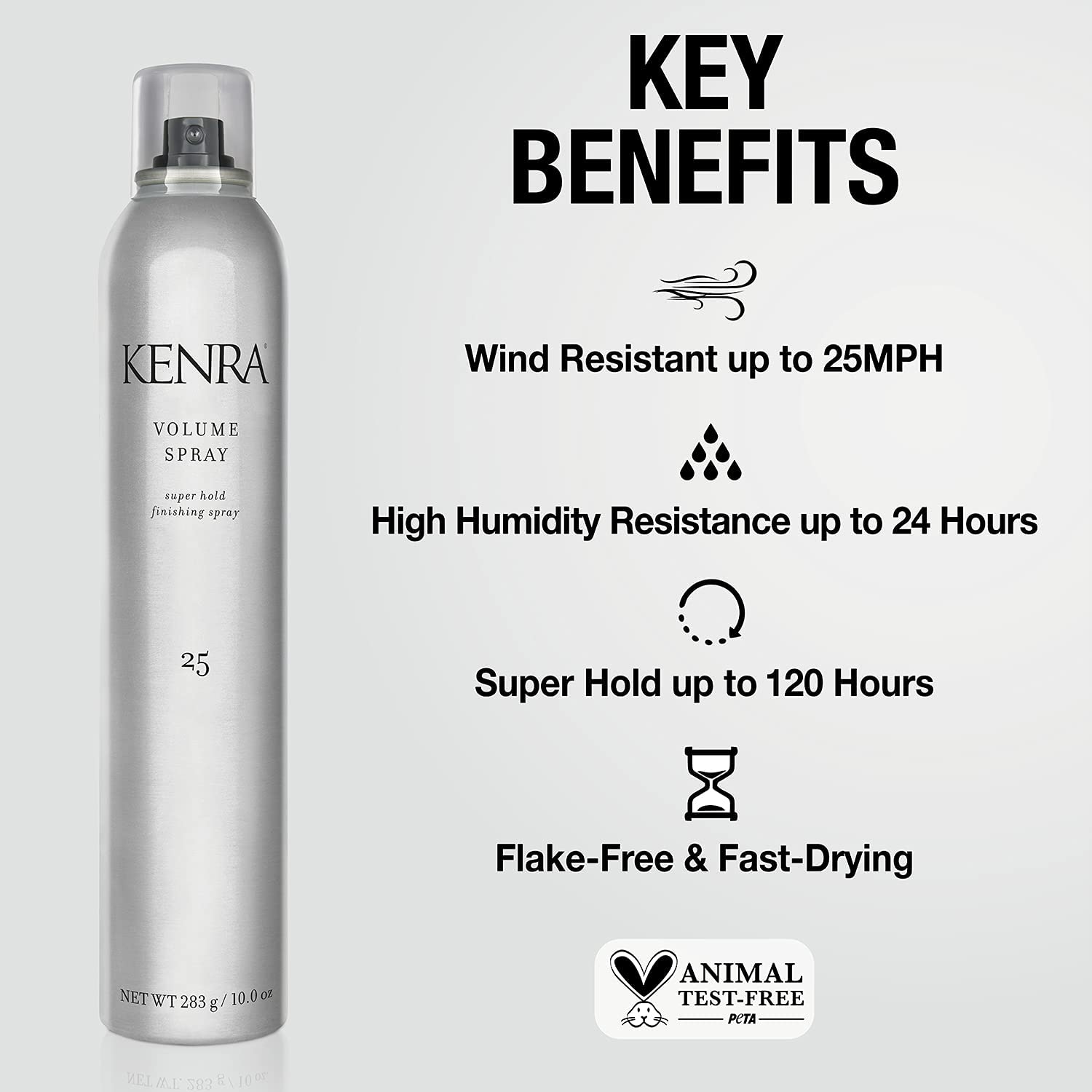 Kenra Volume Spray 25 mist-dispersion captures even spray for lasting hold without stiffness.