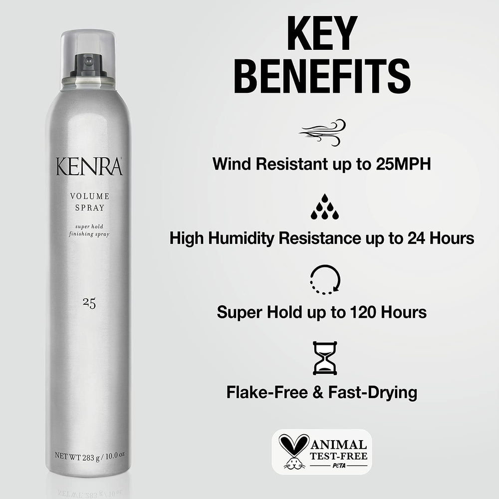 Kenra Volume Spray 25 mist-dispersion captures even spray for lasting hold without stiffness.