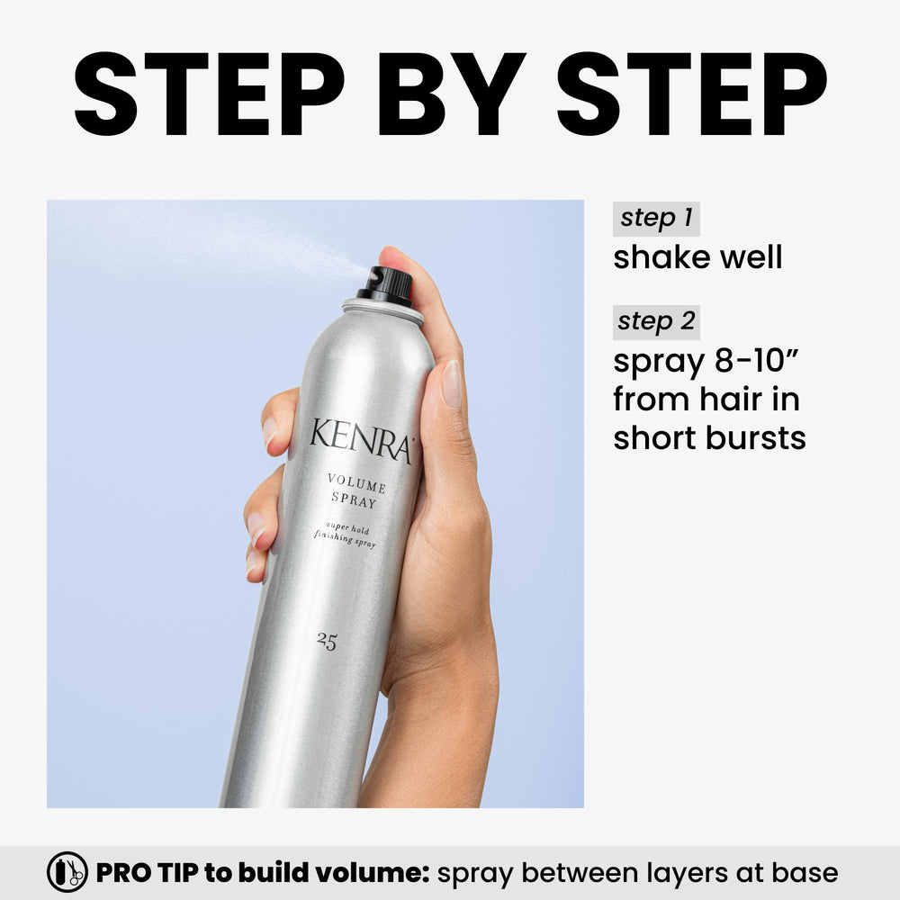Kenra Volume Spray mist dries quickly for effortless touch-ups.