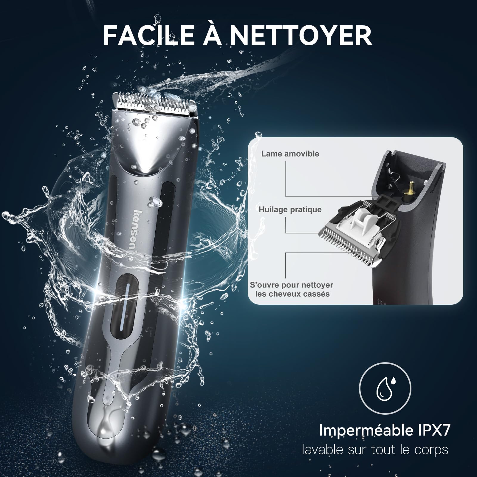 Kensen USB-rechargeable battery enables cordless, portable grooming sessions.