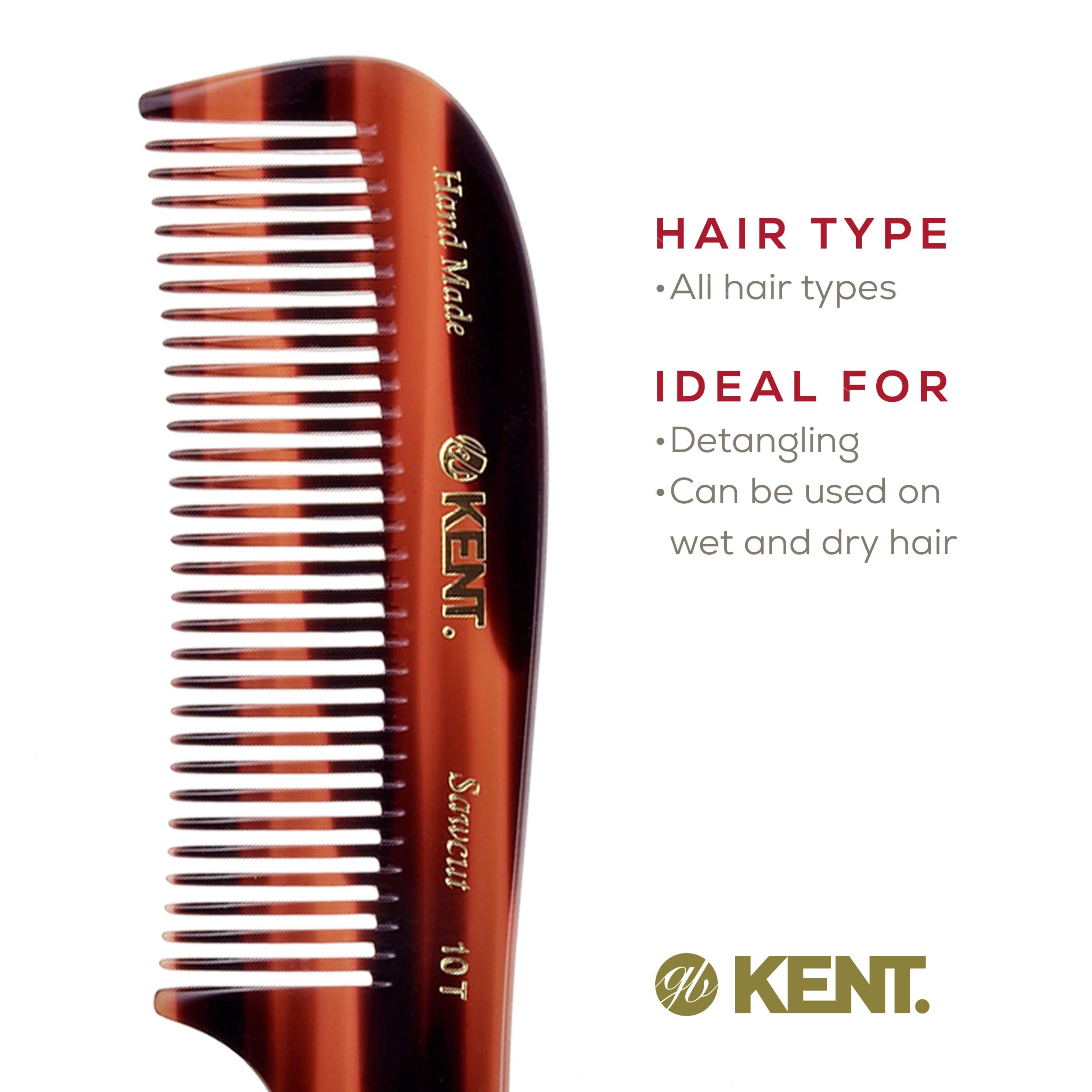 Kent 10T large detangler comb cellulose acetate material anti-static glide