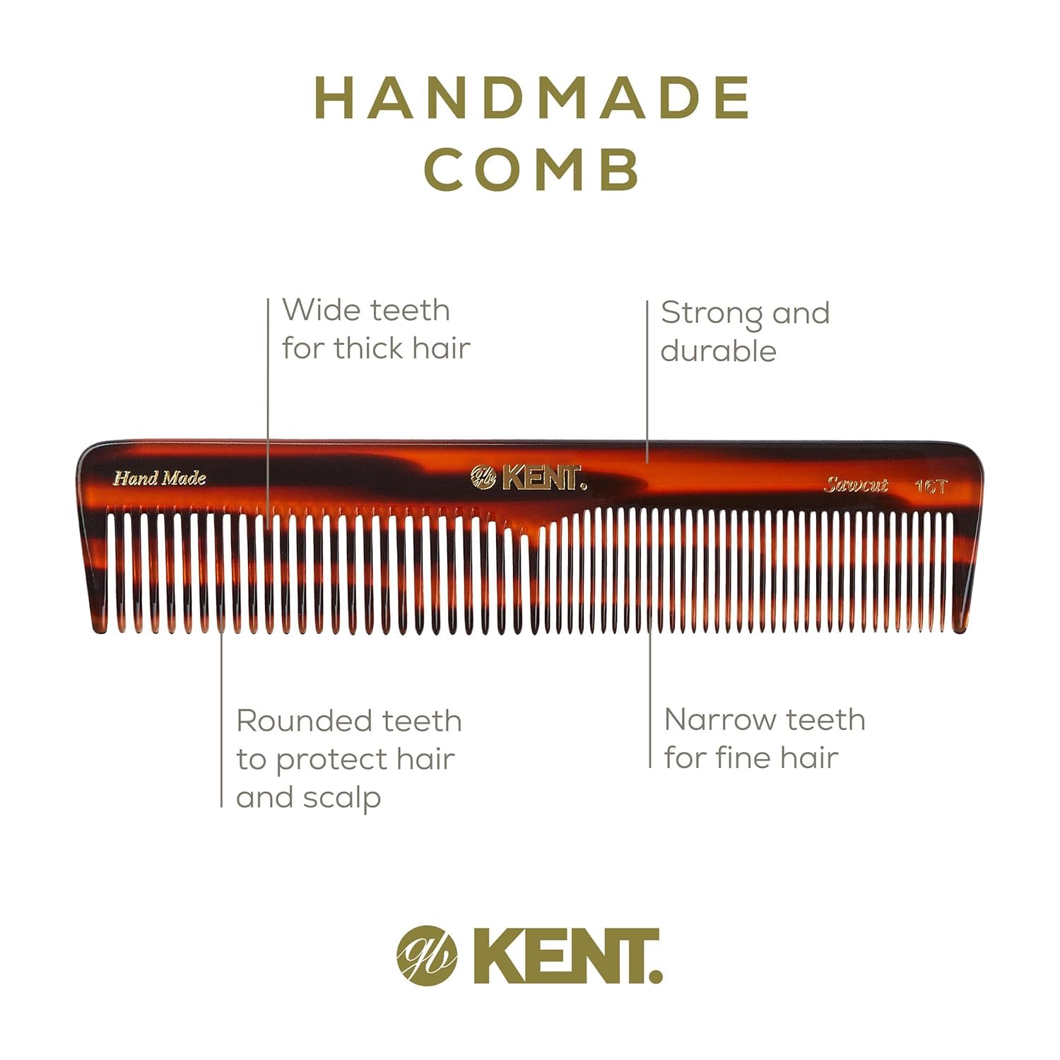 Kent handmade cellulose acetate comb with a smooth surface to reduce snags.