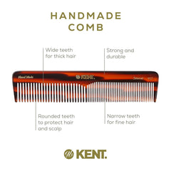 Kent handmade cellulose acetate comb with a smooth surface to reduce snags.