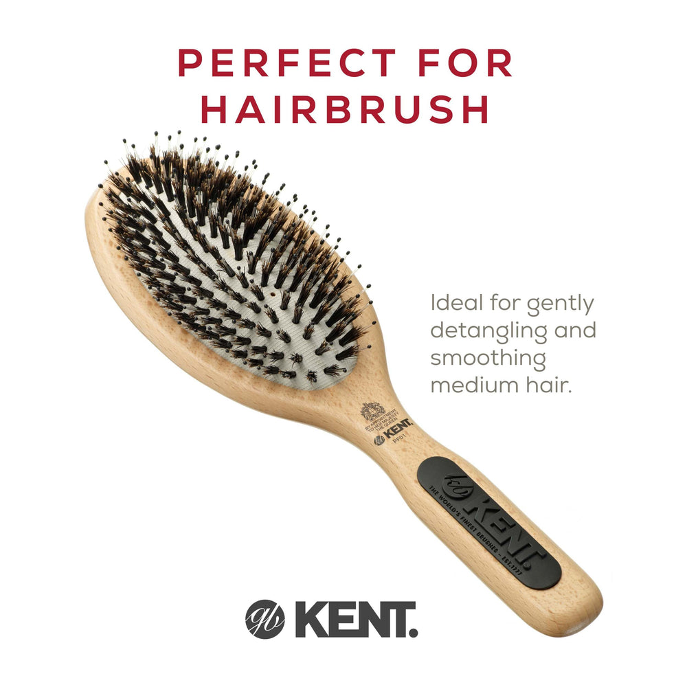 Kent PF01 boar bristle nylon mix for longer hair; distributes oils and detangles smoothly.