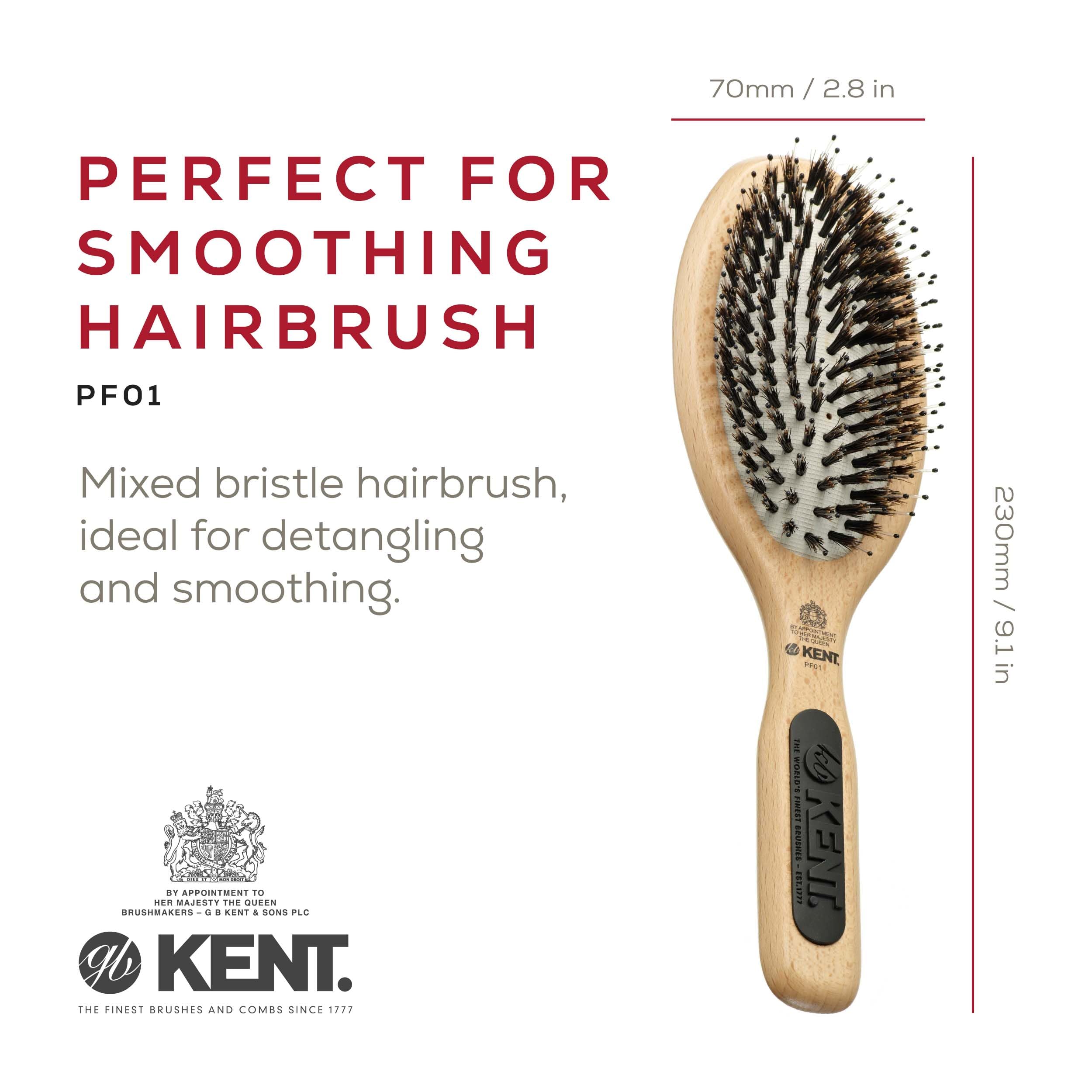 Kent PF01 wood paddle detangler showcasing compact beechwood base for easy travel grooming.